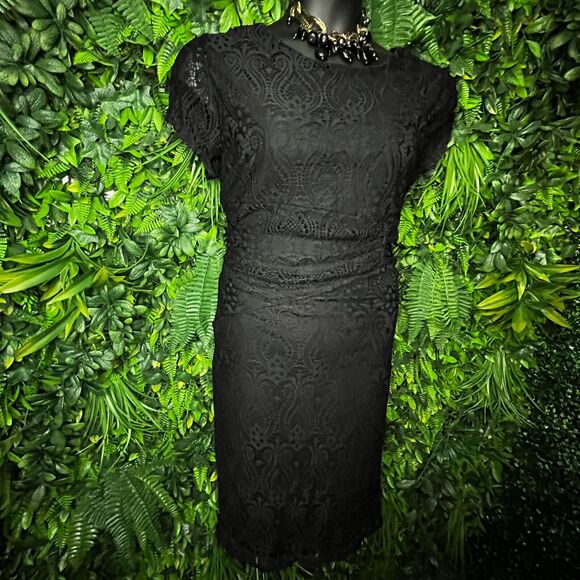 Women Dress Medium Black Short Sleeve Sheath Lace all Over Lined Nina Piu 0557 - Picture 5 of 9